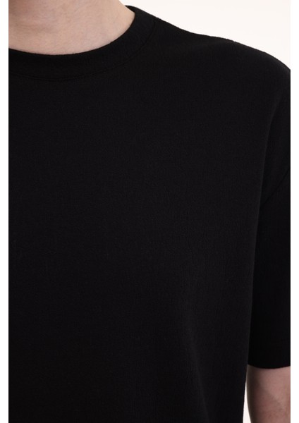 Relaxed Fit Dokulu Kum Siyah Erkek Kısa Kol T-Shirt fırsatları