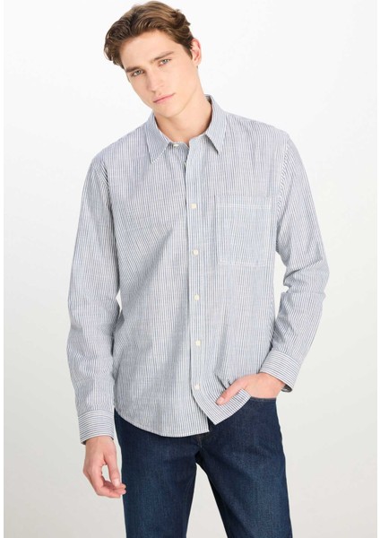 Çizgili Relaxed Fit Gö Ekru Erkek Gömlek