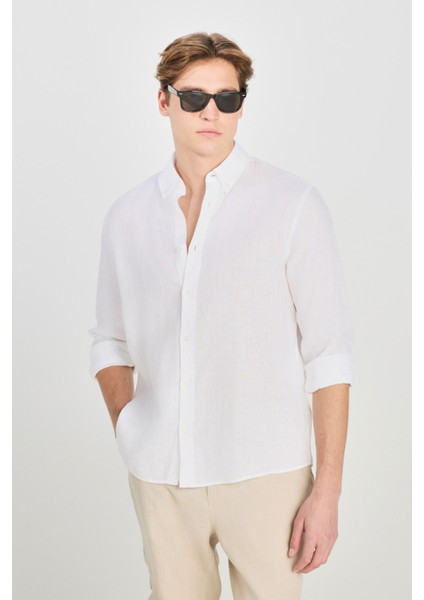 Regular Fit Normal Kesim Beyaz Keten Gömlek