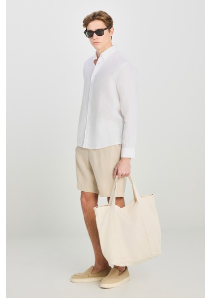 Regular Fit Normal Kesim Beyaz Keten Gömlek modelleri