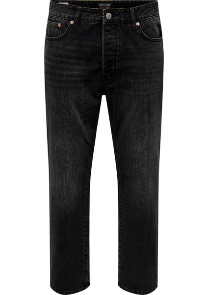 Yüksek Bel Rahat Siyah Erkek Denim Pantolon Onstye Loose Tape. Blk 0015 Azg Dnm