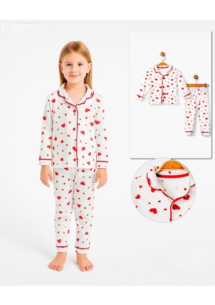 Kız Çocuk Kalp Desenli Düğmeli Pijama Takımı %100 Pamuk