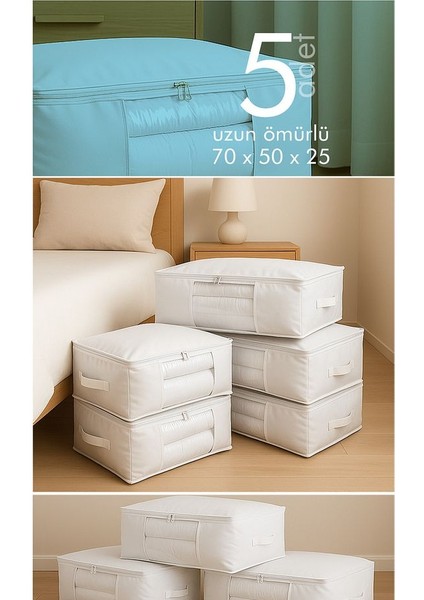 5'li Set Büyük Boy 70X50X25CM Pencereli Çekyat&baza Altı,yorgan&yastık Düzenleyici Hurç Beyaz