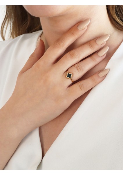 14 Ayar Altın Siyah Taşlı Yonca Yüzük fırsatları