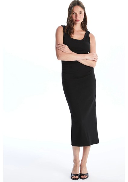 Lcw Vision Siyah Kadın U Yaka Düz Bodycon Elbise