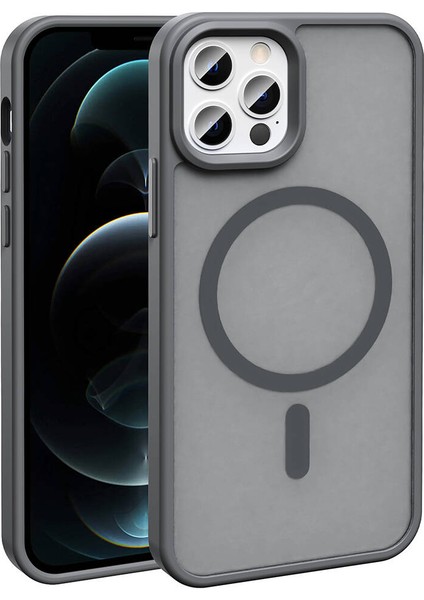 Apple iPhone 12 Pro Kılıf Magsafe Şarj Özellikli Mat Arka Yüzey Vlmr Sio Kapak-Gri