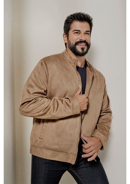 Erkek Bej Standart Fit Normal Kesim Dik Yaka Sıcak Tutan Süet Ceket Mont modelleri