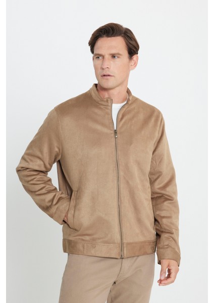 Erkek Bej Standart Fit Normal Kesim Dik Yaka Sıcak Tutan Süet Ceket Mont