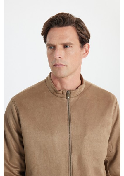 Erkek Bej Standart Fit Normal Kesim Dik Yaka Sıcak Tutan Süet Ceket Mont