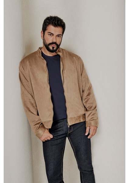 Erkek Bej Standart Fit Normal Kesim Dik Yaka Sıcak Tutan Süet Ceket Mont