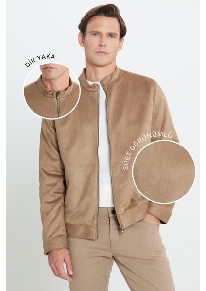 Erkek Bej Standart Fit Normal Kesim Dik Yaka Sıcak Tutan Süet Ceket Mont fırsatları