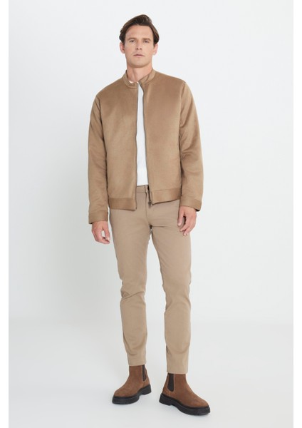 Erkek Bej Standart Fit Normal Kesim Dik Yaka Sıcak Tutan Süet Ceket Mont
