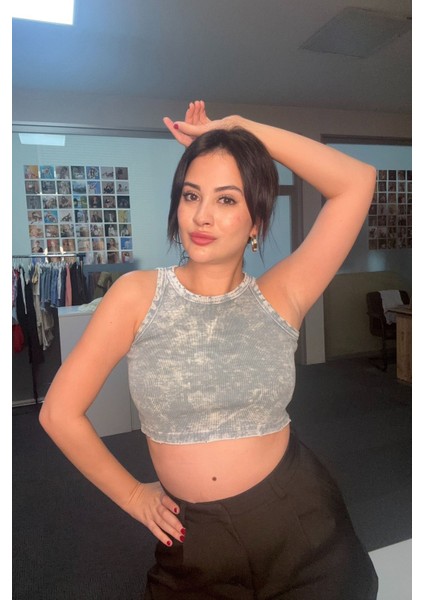 Yıkamalı Halter Yaka Crop Atlet - Mavi Mavi - 38