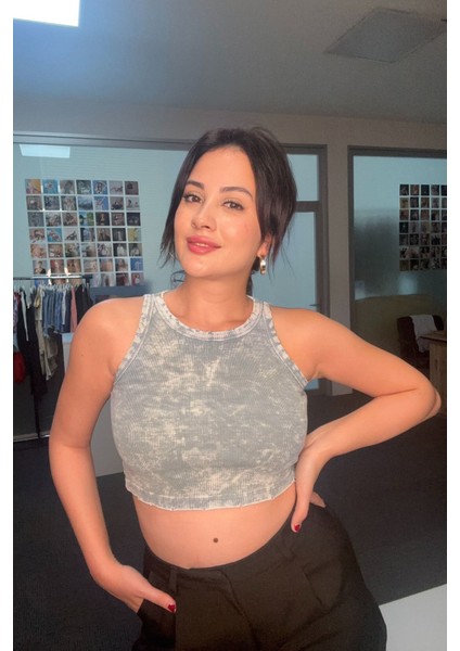 Yıkamalı Halter Yaka Crop Atlet - Mavi Mavi - 38 fiyatları