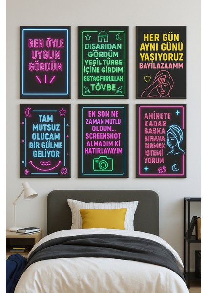 Neon Görünümlü Esprili Yazılı 6'lı Mdf Tablo Seti – Uv Baskılı Renkli Duvar Dekoru – 15X22 cm
