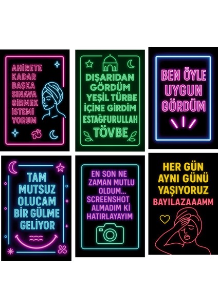 Neon Görünümlü Esprili Yazılı 6'lı Mdf Tablo Seti – Uv Baskılı Renkli Duvar Dekoru – 15X22 cm fiyatları