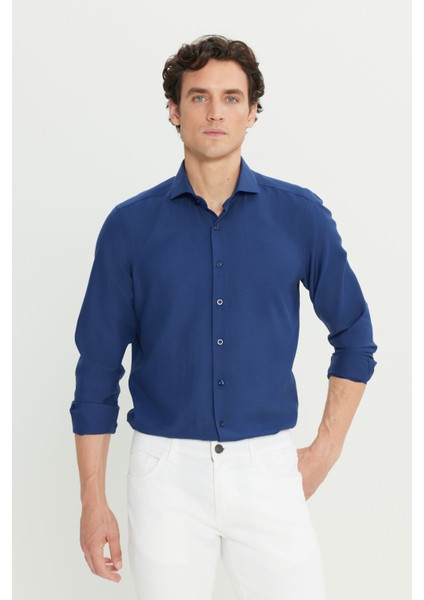 Tailored Slim Fit Dar Kesim Küçük Italyan Yaka Armürlü Oxford Gömlek