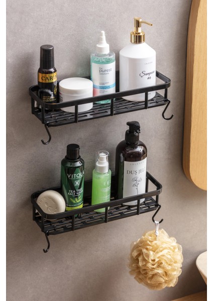 Kendinden Yapışkanlı Mutfak Rafı 2'li Set Siyah (4 Kancalı)