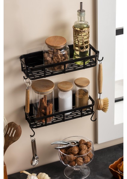 Kendinden Yapışkanlı Mutfak Rafı 2'li Set Siyah (4 Kancalı) indirimleri