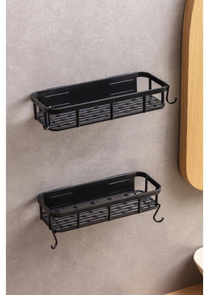 Kendinden Yapışkanlı Mutfak Rafı 2'li Set Siyah (4 Kancalı)
