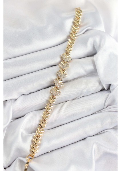 Pirinç Zirkon Taşlı Kalp Model Gold Renk Kadın Bileklik - Lisinya fiyatları