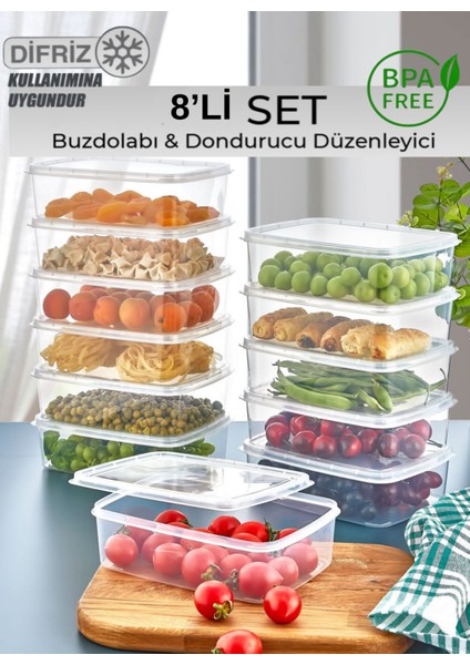 Large 8 Adet 1,35 Lt Organizer Dondurulmuş Öğünlük Et ve Sebze Saklama Kabı Seti - Porsiyon Buzluk Kıyma Kutusu Düzenleyici
