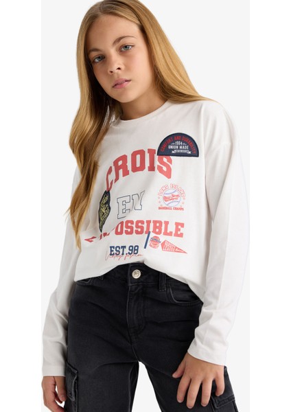 Kız Çocuk Oversize Geniş Kalıp Bisiklet Yaka Baskılı Uzun Kollu Okul Tişörtü F7581A825AU modelleri