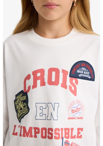 Kız Çocuk Oversize Geniş Kalıp Bisiklet Yaka Baskılı Uzun Kollu Okul Tişörtü F7581A825AU indirimleri