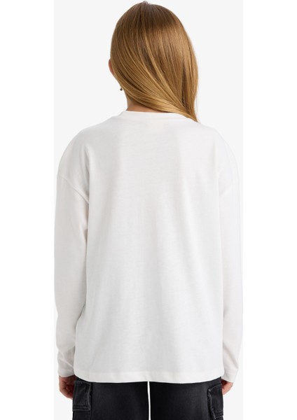 Kız Çocuk Oversize Geniş Kalıp Bisiklet Yaka Baskılı Uzun Kollu Okul Tişörtü F7581A825AU