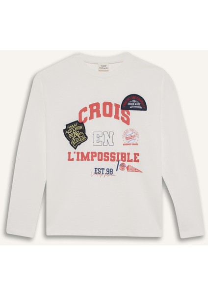 Kız Çocuk Oversize Geniş Kalıp Bisiklet Yaka Baskılı Uzun Kollu Okul Tişörtü F7581A825AU