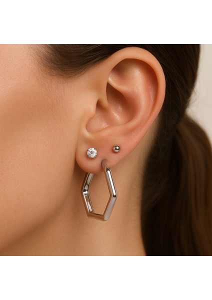 Minimal Üçlü Geometrik Küpe Seti – Gümüş Tonlu Huggie Küpeler, Günlük Kadın Takı” fiyatları