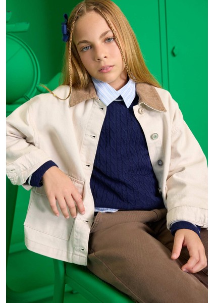 Kız Çocuk Okul Kontrast Yakalı Gabardin Ceket F7518A825AU