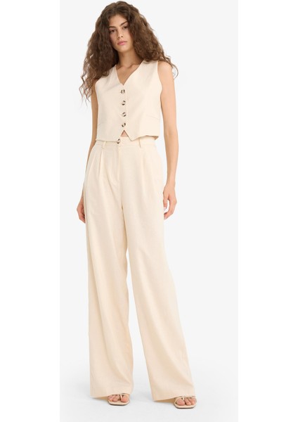 Wide Leg Çift Cepli Yüksek Bel Standart Boy Keten Karışımlı Pantolon E1986AX25AU