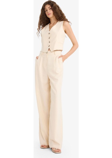 Wide Leg Çift Cepli Yüksek Bel Standart Boy Keten Karışımlı Pantolon E1986AX25AU fiyatları