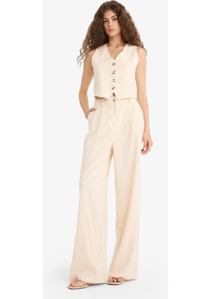 Wide Leg Çift Cepli Yüksek Bel Standart Boy Keten Karışımlı Pantolon E1986AX25AU fırsatları