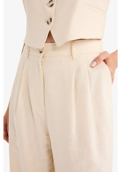 Wide Leg Çift Cepli Yüksek Bel Standart Boy Keten Karışımlı Pantolon E1986AX25AU