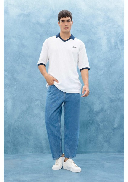 %100 Pamuk Tapered Wide Leg Fit Geniş Paça Jean Yıkamalı Pantolon F8397AX25AU