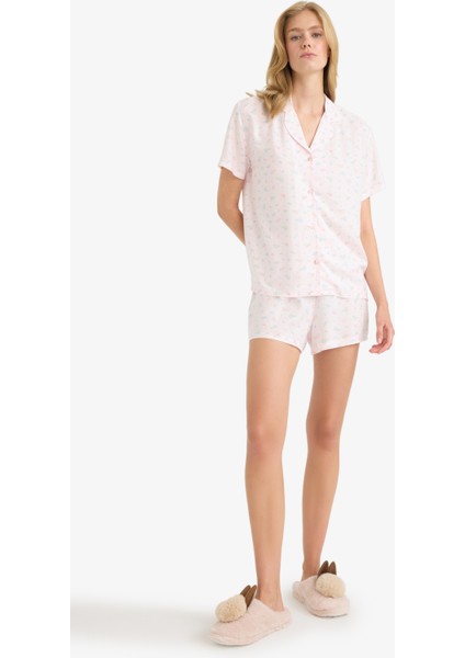 Regular Fit Pijama Takımı Kısa Kollu Viskon Üst Şort-Fall in Love F6986AX25AU fiyatları