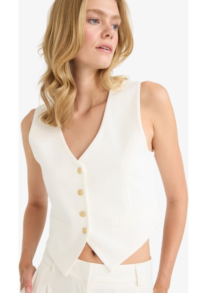 Crop V Yaka Keten Karışımlı Blazer Yelek C7798AX25SM