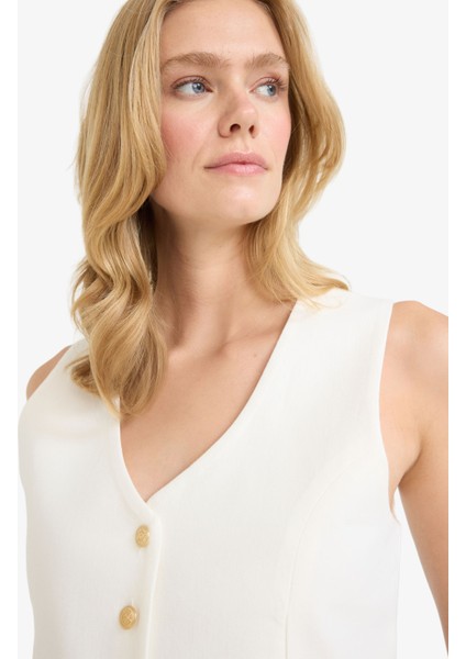 Crop V Yaka Keten Karışımlı Blazer Yelek C7798AX25SM fırsatları