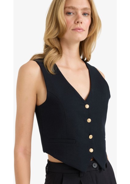 Crop V Yaka Keten Karışımlı Blazer Siyah Yelek C7798AX25SM