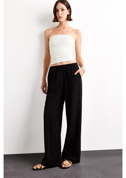 Wide Leg Geniş Paça Cepli Yüksek Lastikli Bel Siyah Palazzo Pantolon A9129AX25SM