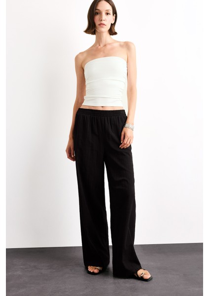 Wide Leg Geniş Paça Cepli Yüksek Lastikli Bel Siyah Palazzo Pantolon A9129AX25SM fiyatları