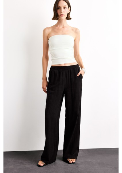 Wide Leg Geniş Paça Cepli Yüksek Lastikli Bel Siyah Palazzo Pantolon A9129AX25SM modelleri