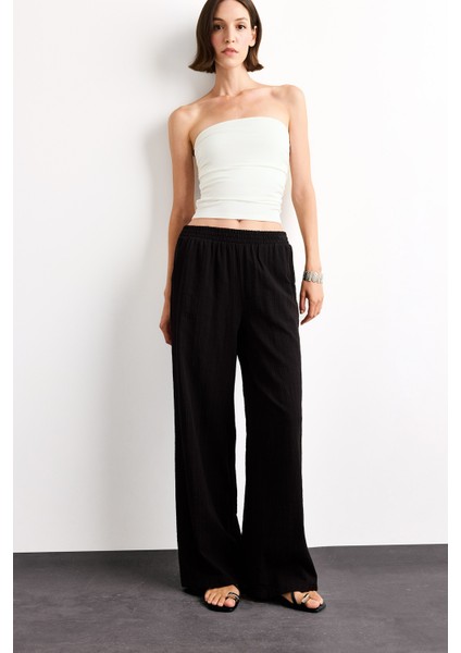 Wide Leg Geniş Paça Cepli Yüksek Lastikli Bel Siyah Palazzo Pantolon A9129AX25SM indirimleri