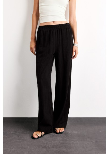 Wide Leg Geniş Paça Cepli Yüksek Lastikli Bel Siyah Palazzo Pantolon A9129AX25SM