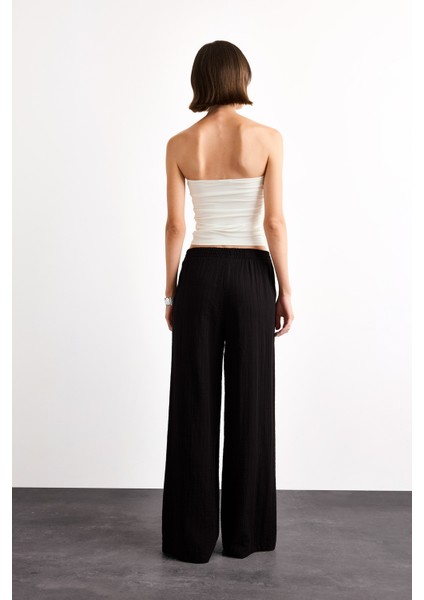 Wide Leg Geniş Paça Cepli Yüksek Lastikli Bel Siyah Palazzo Pantolon A9129AX25SM