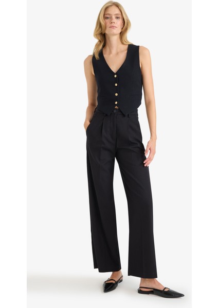 Crop V Yaka Keten Karışımlı Blazer Siyah Yelek C7798AX25SM fiyatları