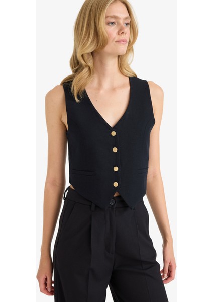 Crop V Yaka Keten Karışımlı Blazer Siyah Yelek C7798AX25SM modelleri