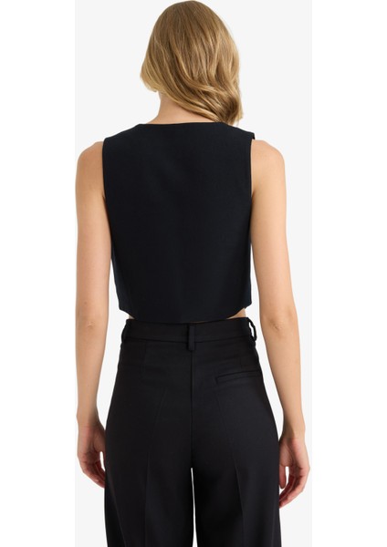 Crop V Yaka Keten Karışımlı Blazer Siyah Yelek C7798AX25SM fırsatları